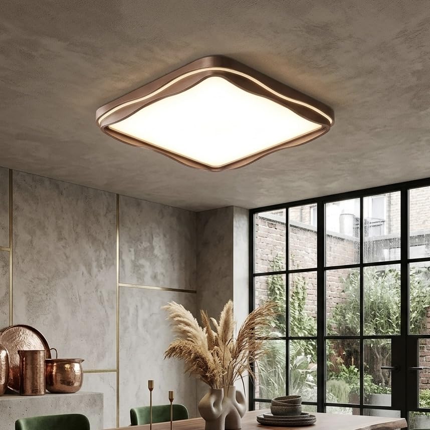 Image of 3C LED Ceiling Light, Modern Designer Ceiling Lamp with Curved Square Frame Design for Bedroom, Living Room, Hall & Home Decor|Walnut-Wood