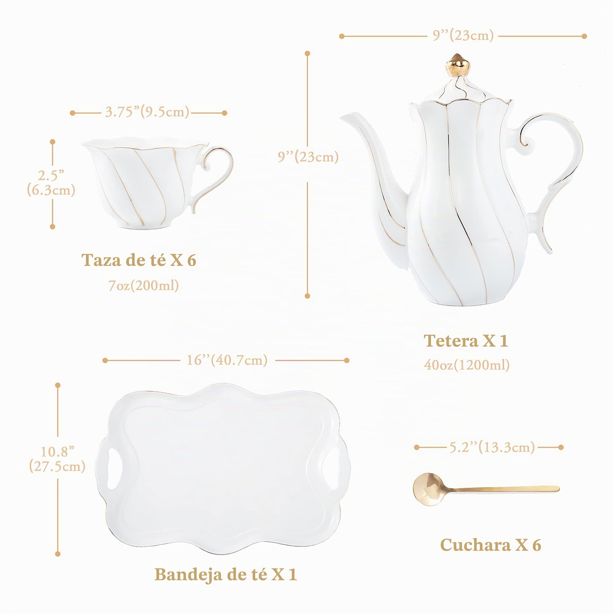 DUJUST Juego de 14 piezas de té con bandeja de té y cucharas, juego de tazas de té y café con diseño de diamante moderno con adornos dorados, decoración de sala de estar de porcelana