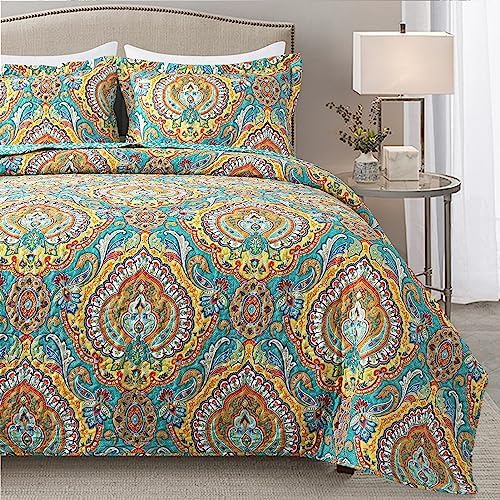 TWINRUN Quilt King Size, Boho King Quilt Bedding Set, Reversible Bedspread King Size Clearance for Farmhouse Bedroom, Damask Lightweight King Size Quilt Comforter Set for All Season