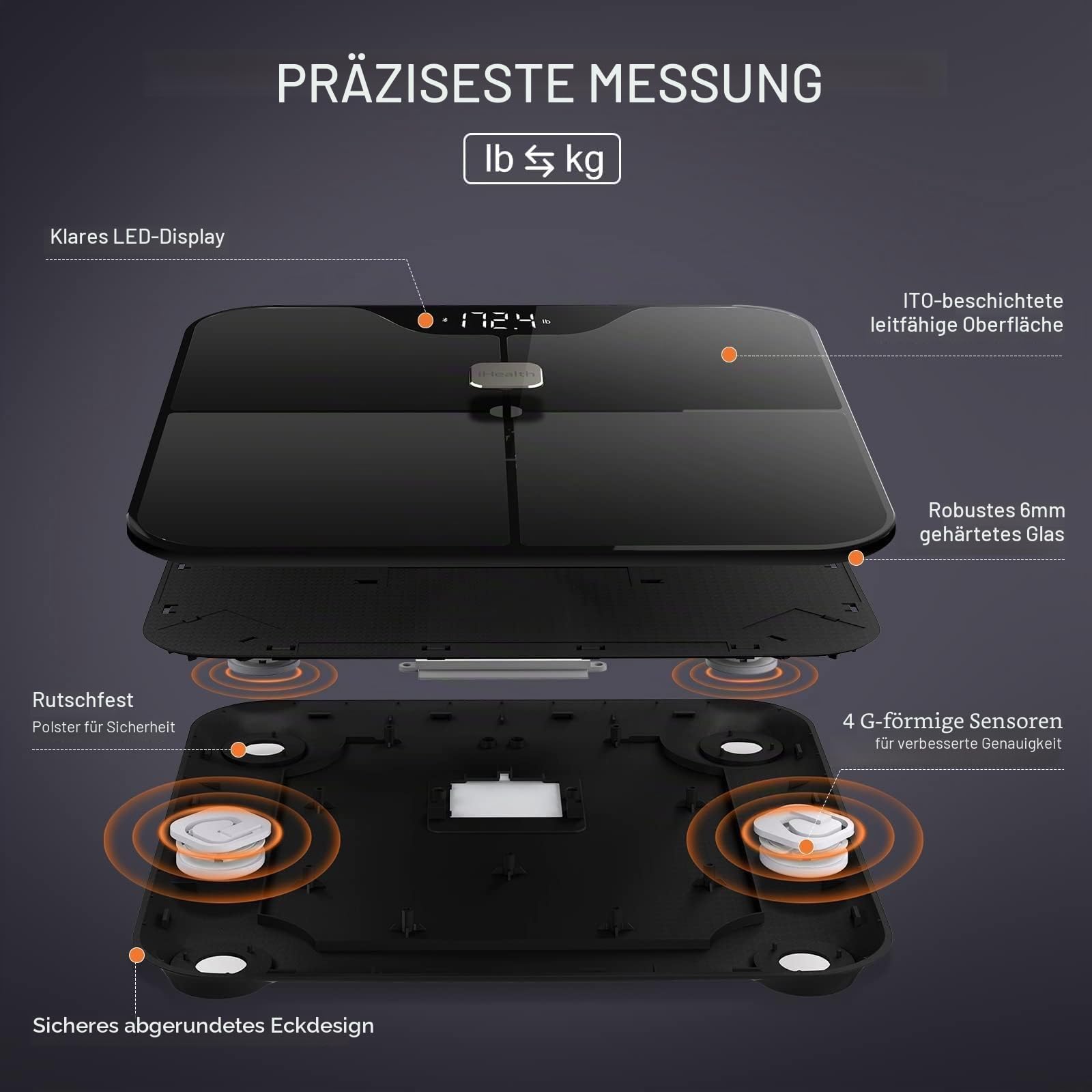 iHealth Nexus PRO Connected WellnessWaage für 12 Körpermetriken – Gewicht, Körperfett usw. – Intelligente Benutzererkennung nach Profil, personalisierte WellnessTrends und Ziele, max. 180 kg für