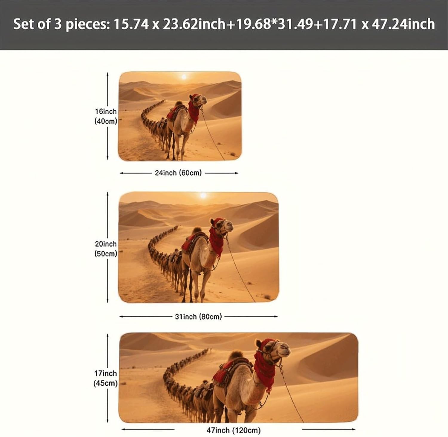 Desert Camel Train Kitchen Mats for Floor 3 Pcs Kitchen Rugs