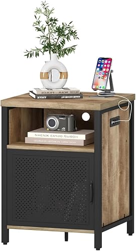 Miniatura 9 de FATORRI Mesa auxiliar con almacenamiento, mesa auxiliar rústica para sala de estar, mesitas de noche estrechas de madera y metal con puerta (roble