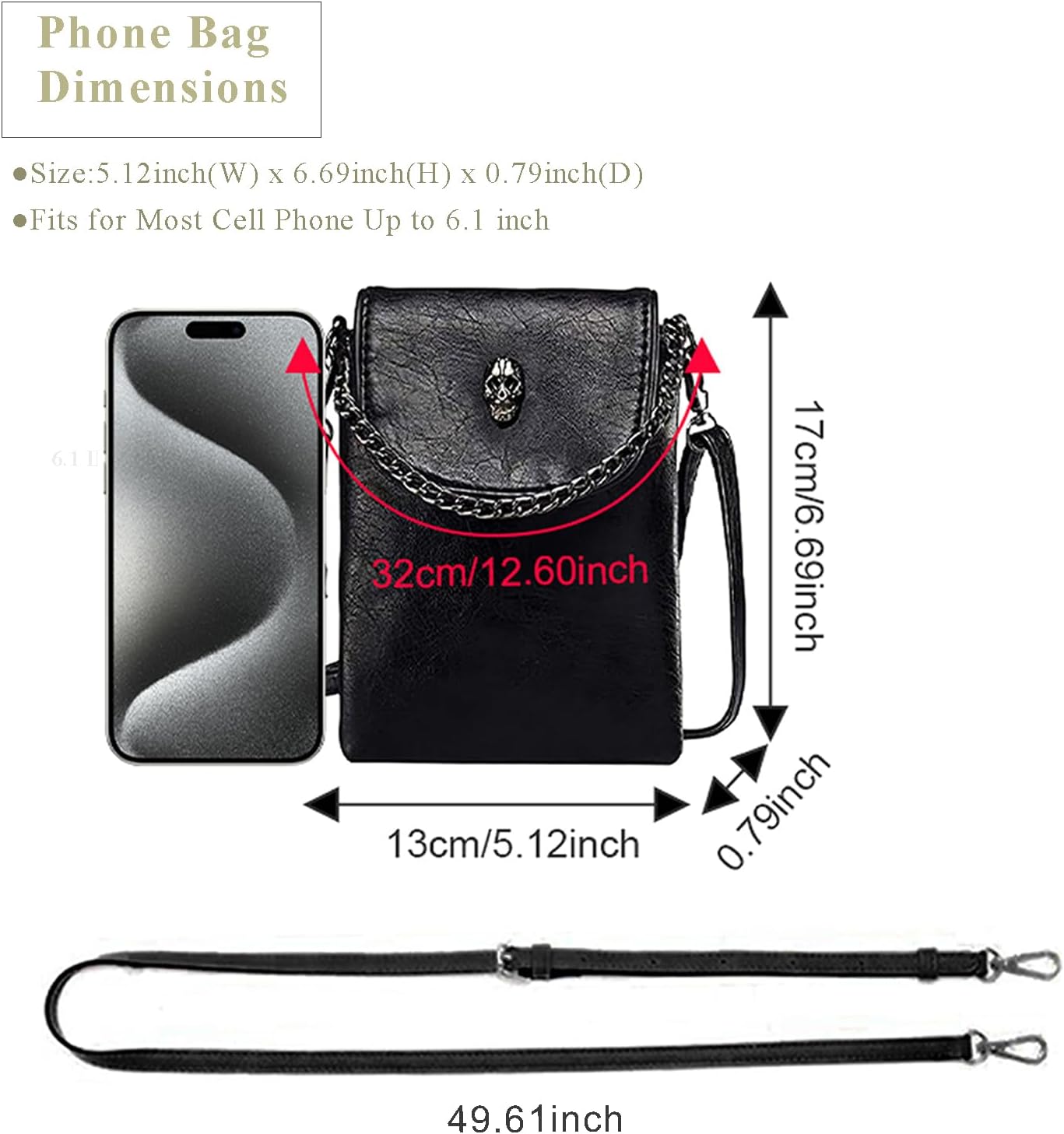 WITERY Small Crossbody Cell Phone Purse Gothic Leather Bag Shoulder Travel Purse - Image 3