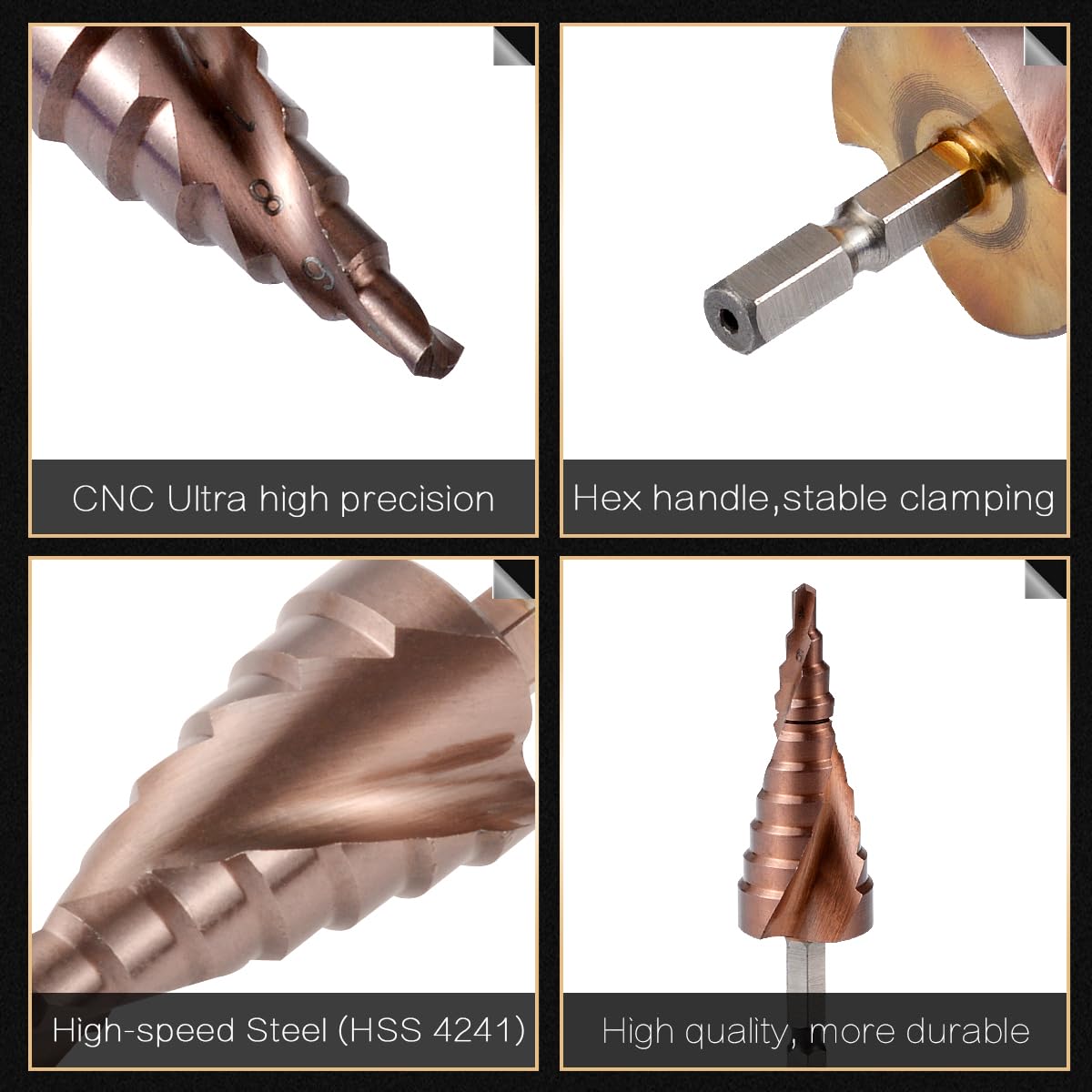 Broca Espiral Escalonada[4-32mm, 15 Pasos], HSS co M35 Recubierto de Titanio, 1/4'' Mango Hexagonal, Perforación de Acero Inoxidable, Metal Duro, Plásticos, Madera, Hierro Fundido, Aluminio