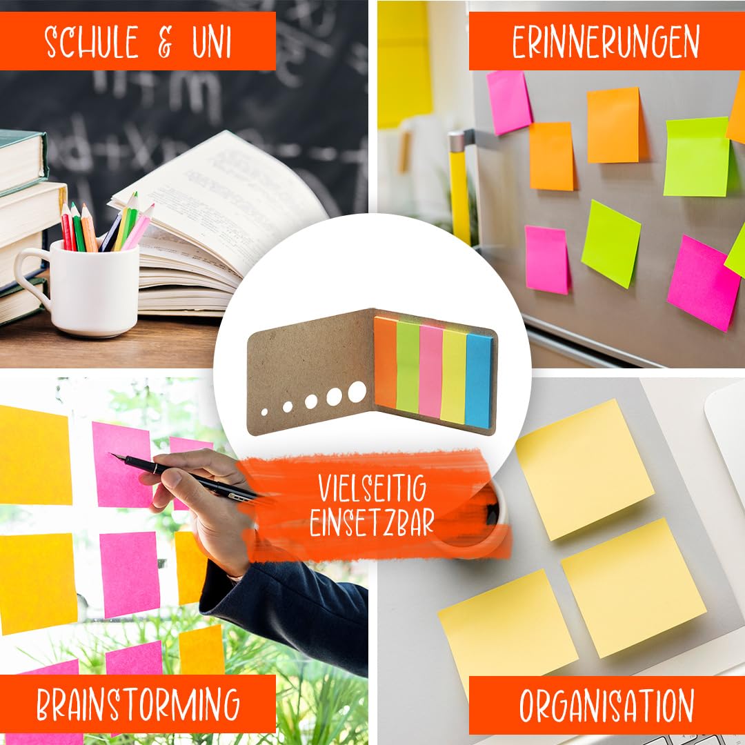 Haftnotizen Set 500 Stück 5 Farben Recyclingkarton Umschlag kompakt | Seitenmarker Haftstreifen beschreibbar stark haftend für Büro Studium Organisation
