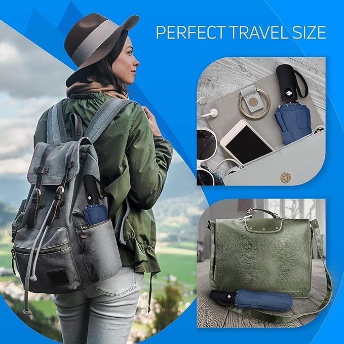 PRANIJ One-Click Auto Open/Close 3-Fold Travel Umbrella For Women, Men, & Kids, Sun & UV Protection Compact Lightweight Windproof Umbrella for Rain (Navy Blue) 3