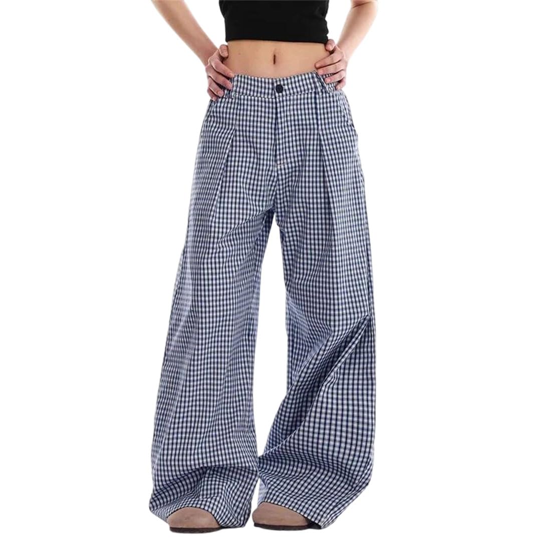 Women Baggy Plaid Pants Oversize High Waist Wide Leg Vintage Trousers American Style Casual Pants
