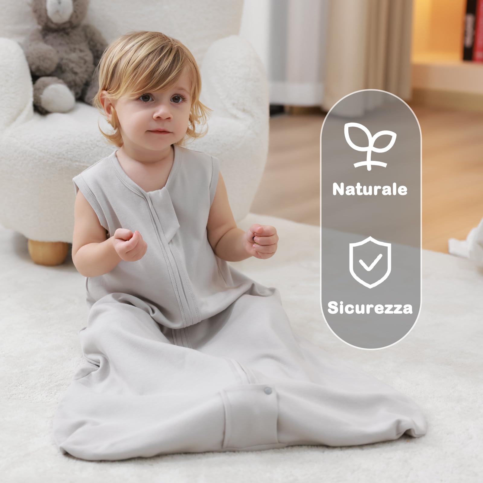 Mosebears Sacco nanna estivo per bambini, 0,5 Tog, 100% cotone, traspirante, (Confezione da 2 pezzi grigio, M (6-12 mesi)