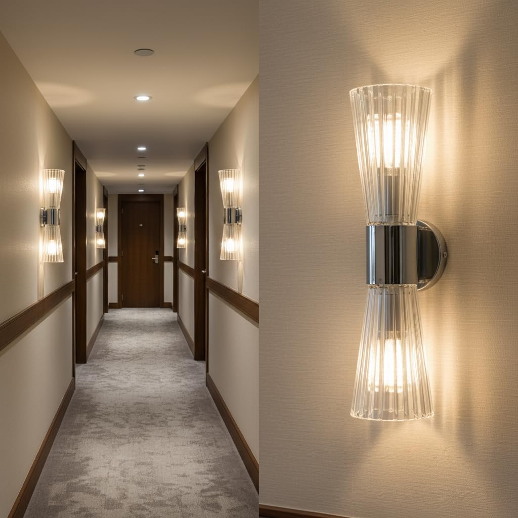 Aplique de Pared de Cristal 2 Luces E14 Doble Extremo Vidrio Acanalado Diseño Reloj de Arena Lámpara de Pared Moderna Acabado Plateado para Dormitorio Salón Pasillo Escalera Hotel (Plateado)
