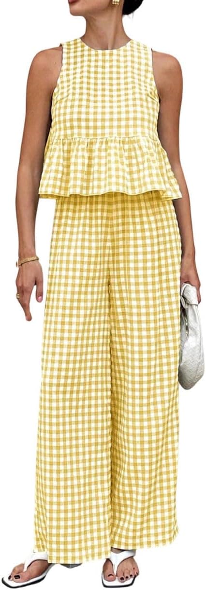 Women Casual Crew Neck Sleeveless Tops Set High Waist Straight Trousers Summer Vacation Outfit