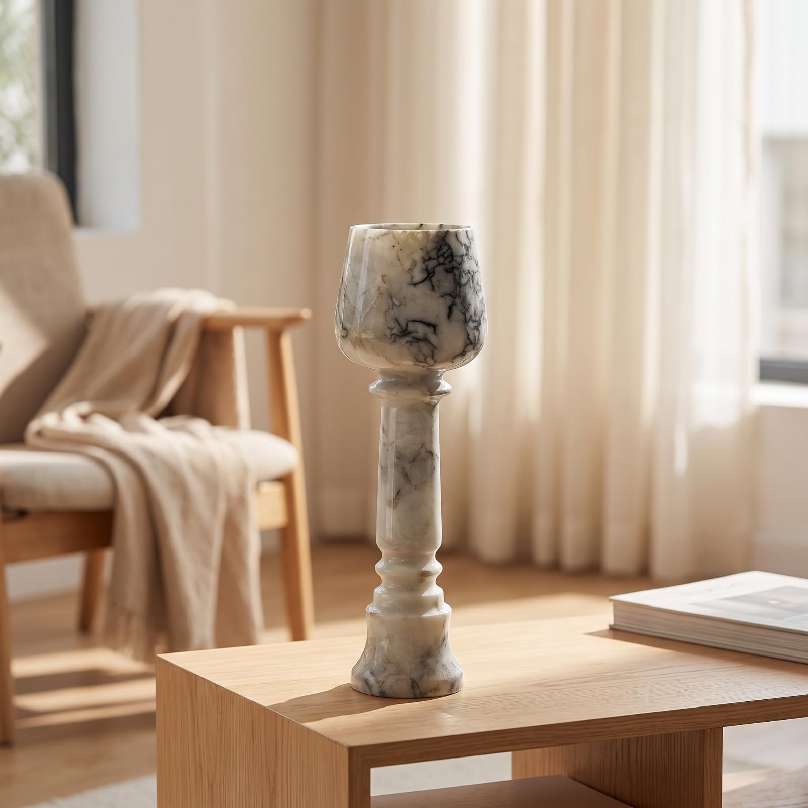 Sharplace Marmorkerzenhalter Marmor Vase Kerzenständer Pokalhalter Sockel Dekohalter mit Weißer Grundfarbe Und Grauer Maserung aus Solidem Material für, 9 9 17cm