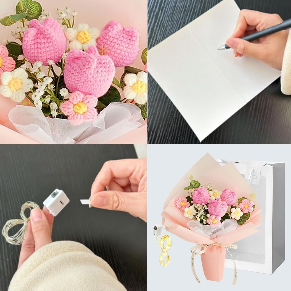 Crochet Tulips Flower Bouquet Artificial Flowers: Completed Crochet Flowers for Mother's Day Birthday Thanksgiving Home Decor (Dark Pink)