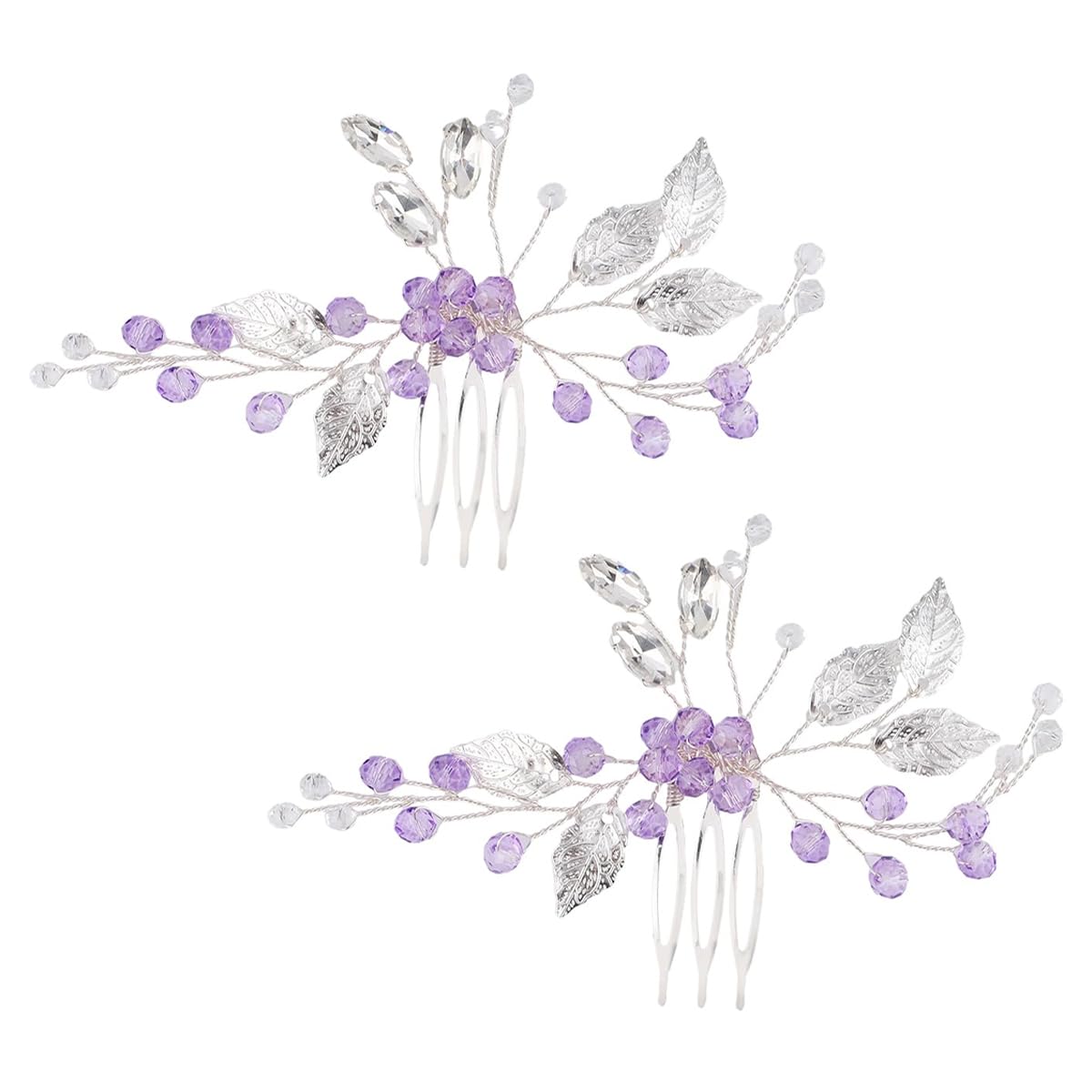 Muiltvoe Elegant Leaf Crystal Rhinestone Bridal Hair Comb Headband - Purple and Silver Wedding Tiara for Women Girls Bridesmaids (14x7.5cm)