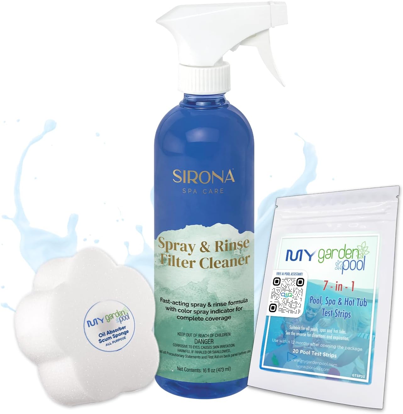 Sirona 82119 Spray & Rinse Filter Cleaner, 16 fl Oz – Includes My Garden Pool 20 Ct. Test Strips & Scum Sponge – Removes Debris for Efficient Spa Filtration