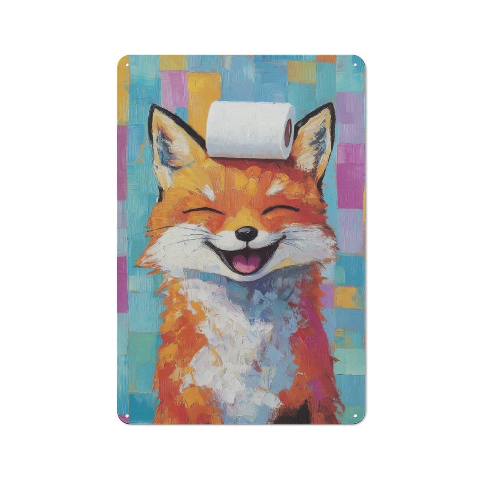 Junmoney Smiling Fox With Toilet Paper Tin Wall Plaque 30X20cm With For Living Room Or Hallway, For Garage, Workshop And Man Cave Decoration