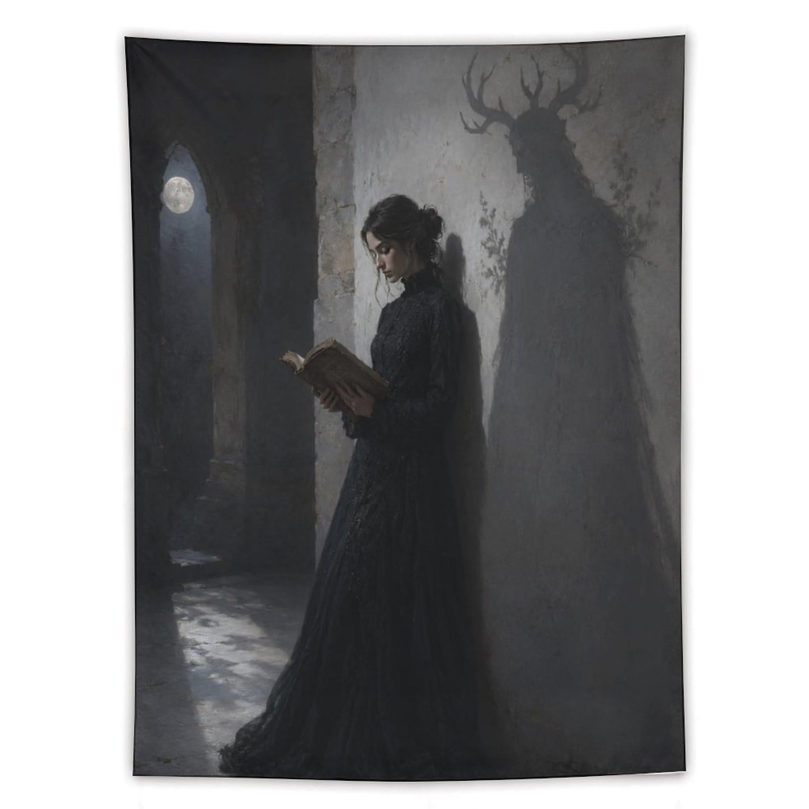 W7C8U2X3 Woman Reading Deer Shadow Wall Tapestry, Detailed Illustration