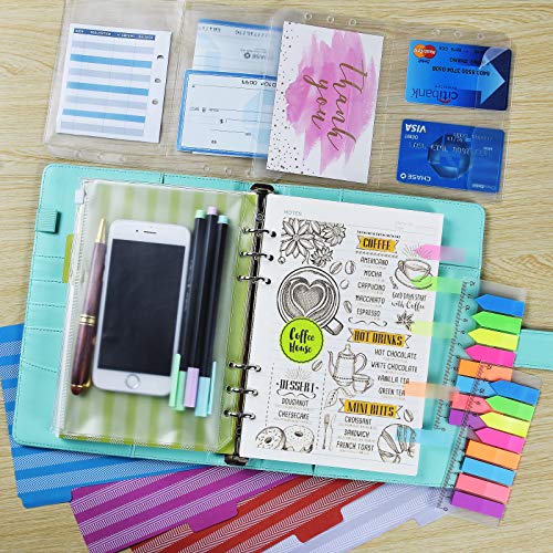A5 Refill Paper, 4 Pack 6 Ring Planner Binder refillable, 5pcs Binder Dividers, 3pcs Binder Pockets, 160 Pieces Index Tabs with Ruler, Personal Planner Inserts for Journal Notebook