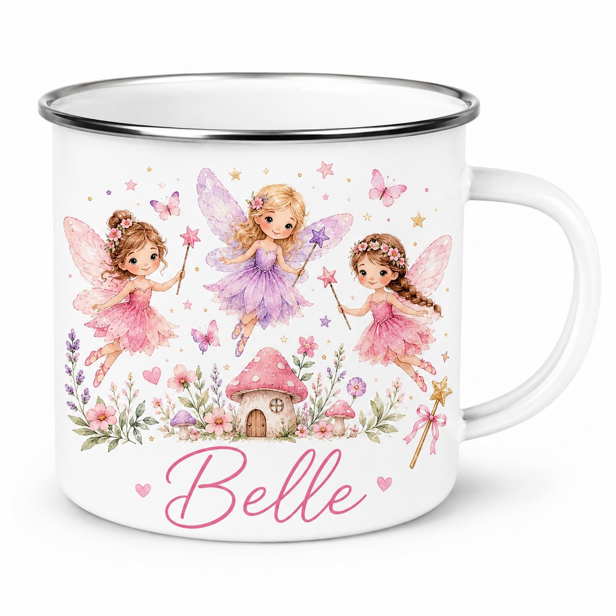Personalised Children’s Enamel Mug – Toddler’s First Mug – Custom Kids Camping Mug – Cute Animal, Rainbow, Fairy & Princess Designs – Personalised Gift for Boys & Girls (Fairy Enamel Mug)
