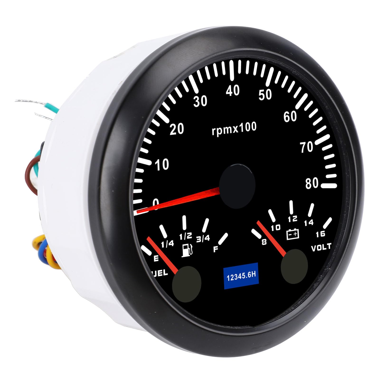 Tachymètre Polyvalent de 85mm, Jauge de Tension, Niveau Carburant 8000rpm 8-16V pour Voitures, Camping-cars, Bateaux (Cadran noir Lunette noire CX8299B)