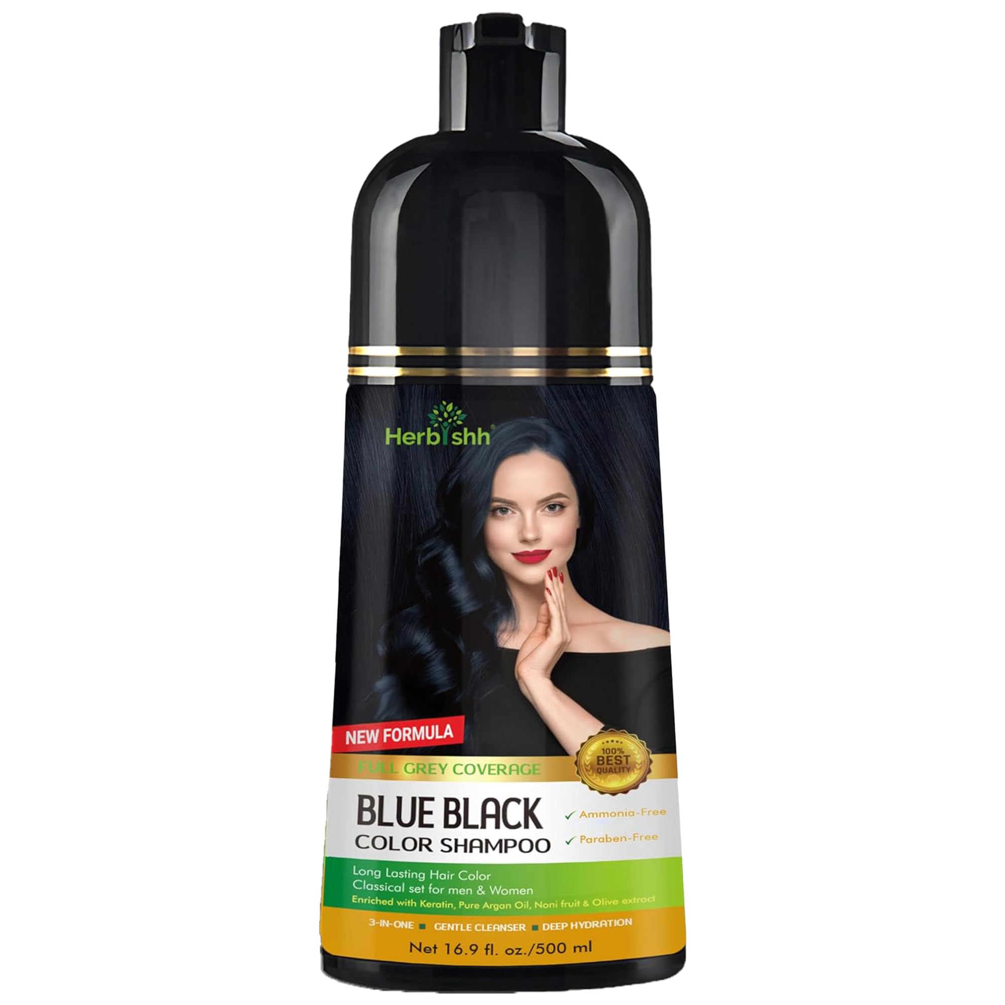 Herbishh Hair Color Shampoo - Magic Long-Lasting Hair Dye for Gray Hair Coloring in Minutes - 500 Ml - 3-In-1 Ammonia-Free Formula (Blue Black)