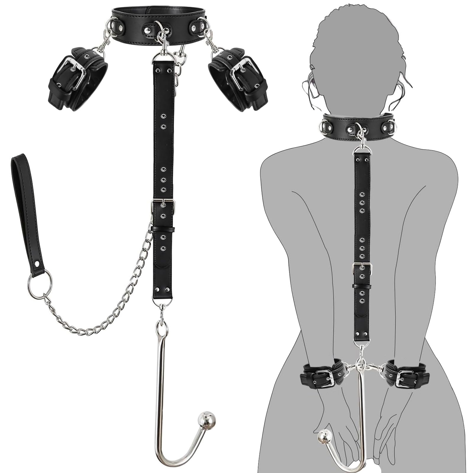 BDSM Anal Hook Fesseln Kit Bondage-Set Bettfesseln Analhaken mit Zugkette, Erotik Bondageset Restraints Anal Plug Buttplug mit Verstellbaren Handschellen Halsband, Fetisch Rollenspiele SM Sexspielzeug