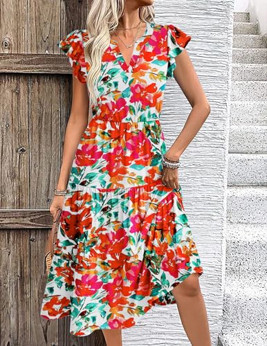 Image of ZEAGOO Womens Summer Casual Dresses Ruffle Sleeve V Neck Midi Dress Flowy Tiered Dress with Pockets Boho Sundresses