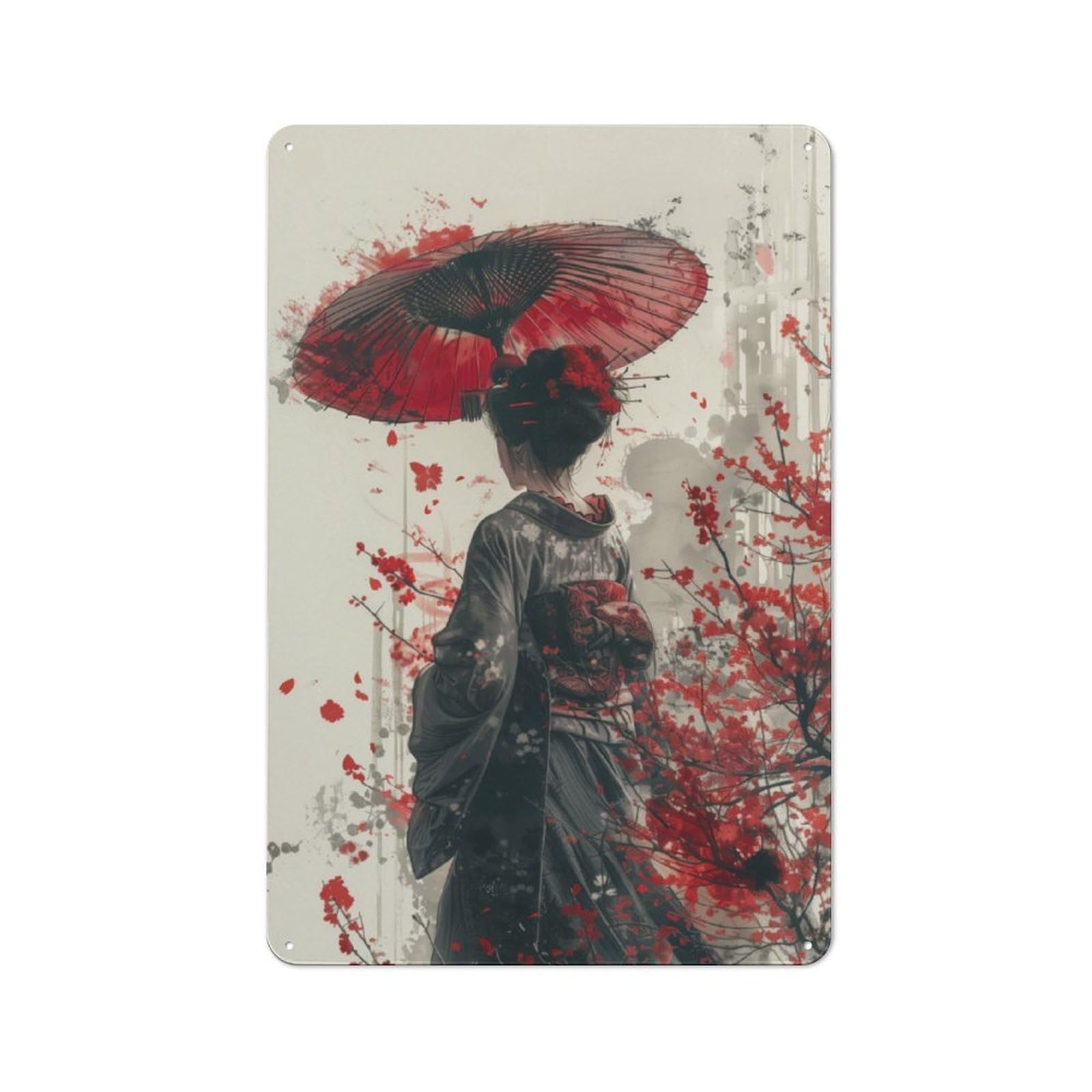 Junmoney Geisha With Umbrella For Man Cave Or Games Room, Retro Metal Plaque 30X20cm, For Metal Sign Collectors, For Garage And Workshop Walls