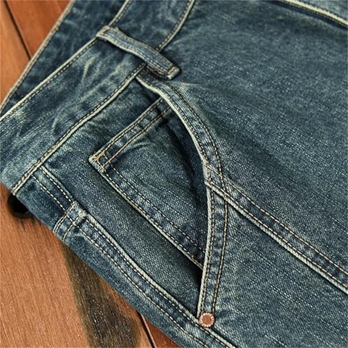 Men Medium Thick Straight Jeans Trousers Vintage Loose Multiple Pockets Work Cargo Denim Pants3