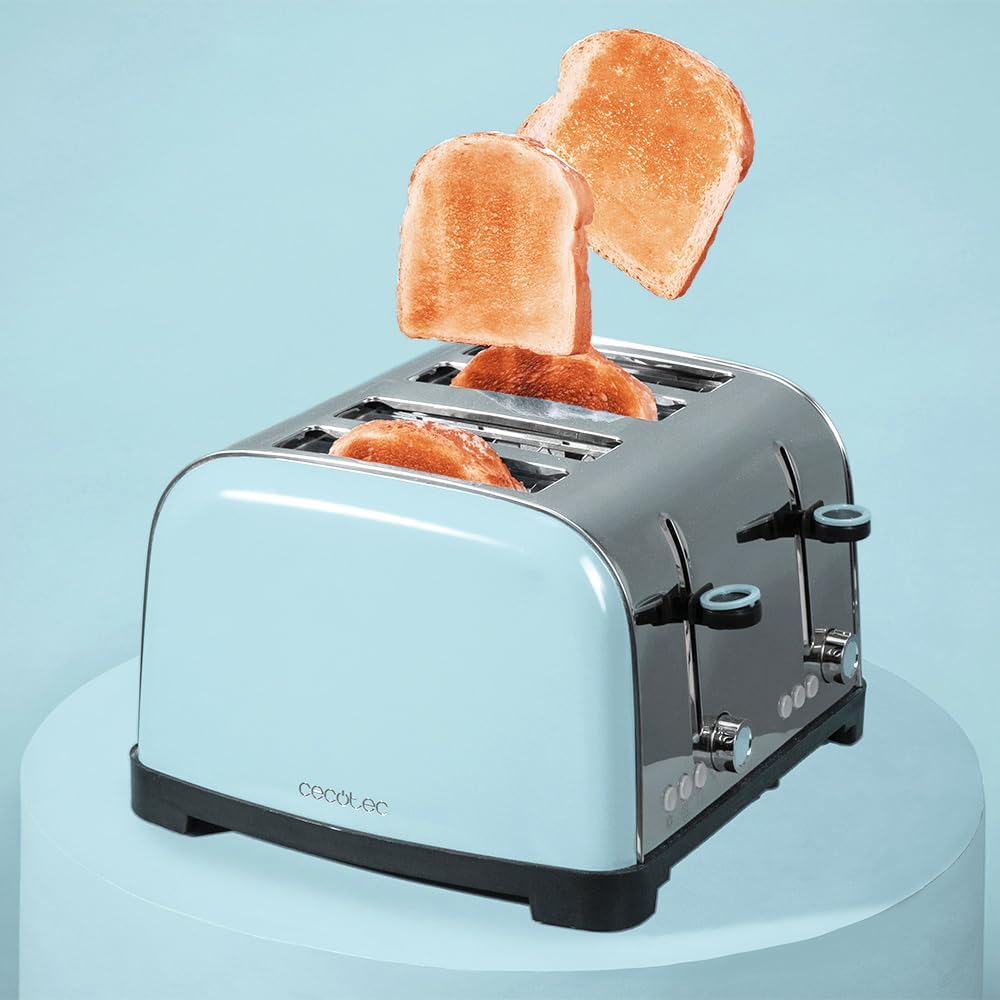 Cecotec Tostapane verticale Toastin' time 1700 Double Blue, 1700W, Doppia fessura corta e larga 3,8 cm, Barre superiori, Acciaio Inossidabile, Spegnimento e Pop-up Automatico, Raccogli-briciole 4 Fessura corti + Stecche Blue - Immagine 3