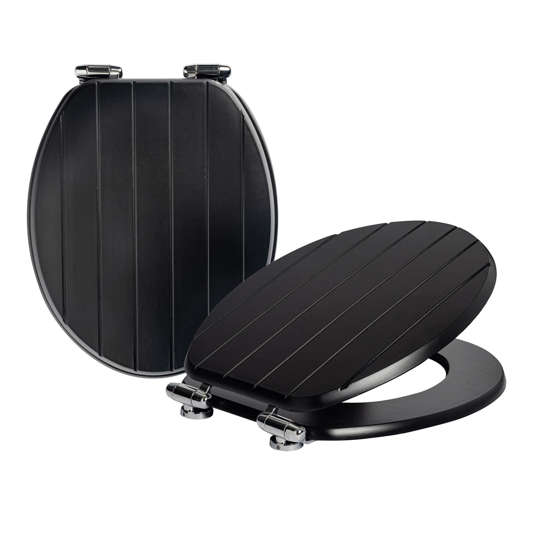 Harbour Housewares Soft Close Toilet Seats - Black - Pack of 2 - Oval-Shaped Wooden Toilet Seat Antibacterial Loo Lid with Universal Chrome Hinges, Fixings & Fittings