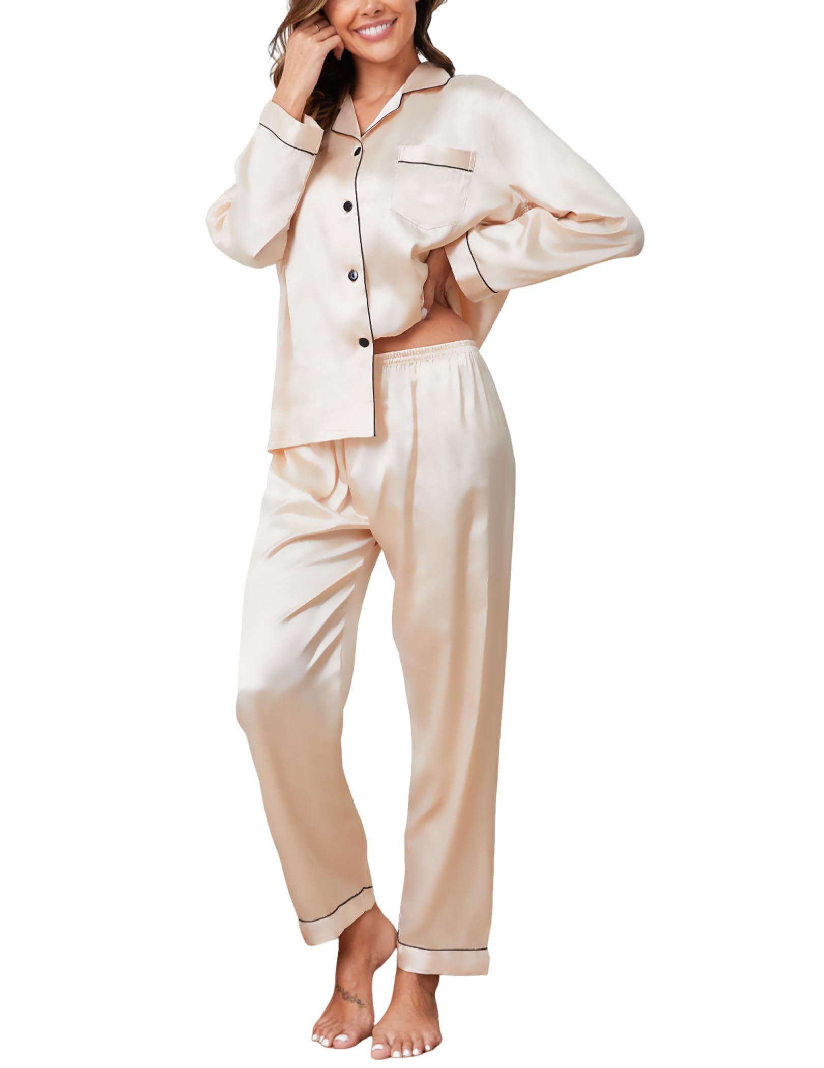 Reliwel Women's Champagne Pyjama Sets Silk Satin Long Sleeve Button Down Pyjamas Two Piece Silk Pjs For Sets Sleepwear Loungewear Nightwear For Spring Summer,,L