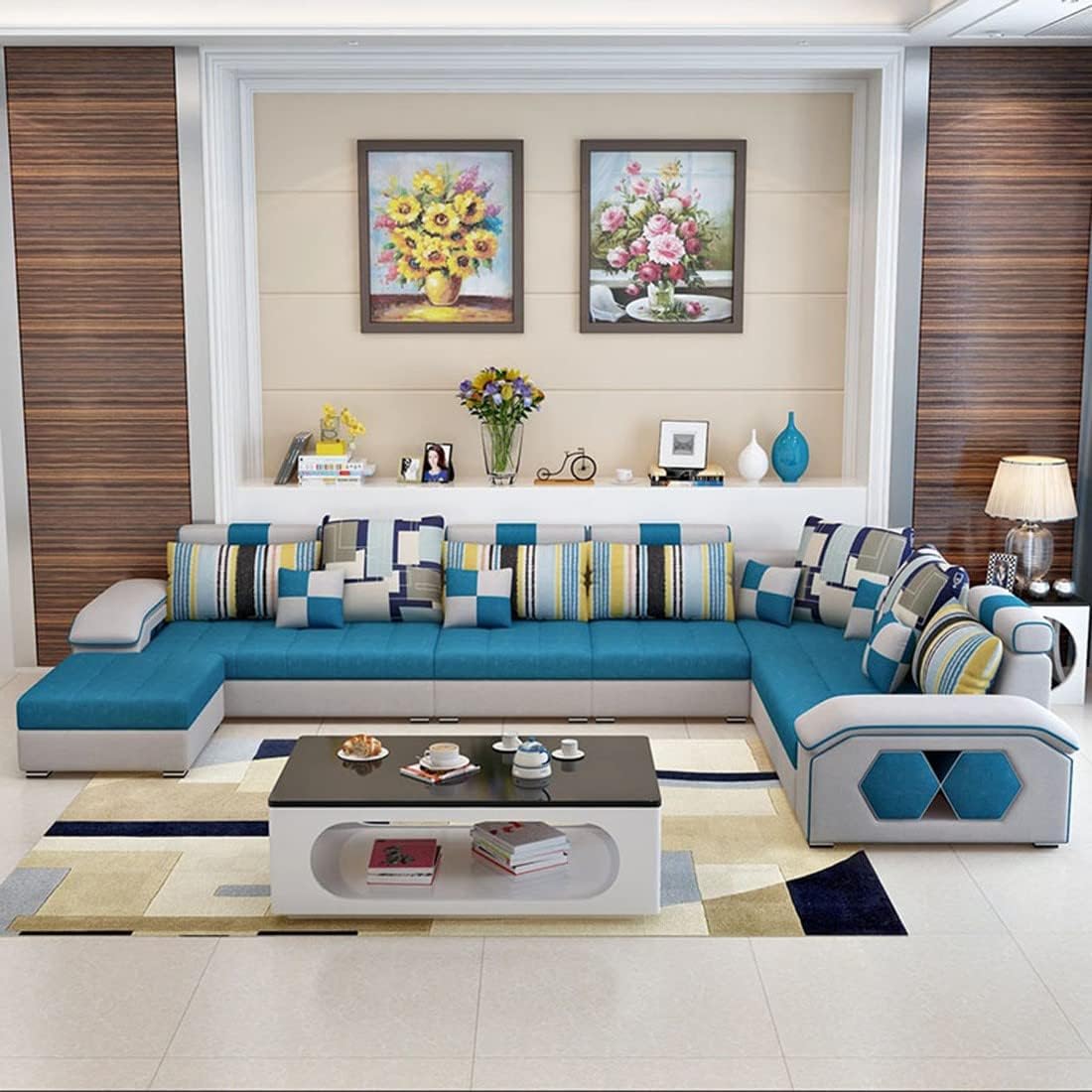 Ripple FURNITURE U Shape 9 Seater Modern Interchangeable Fabric Sofa Set with 4 Puffy (Left, Blue & White)