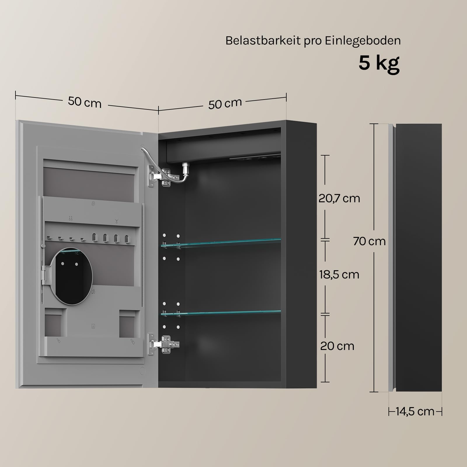 WOLTU Spiegelschrank Bad mit Beleuchtung, Badezimmerschrank hängend mit LED-Beleuchtung, Antibeschlag-Funktion, mit Steckdose und verstellbaren Ablagen, 14,5 x 50 x 70 cm, Schwarz