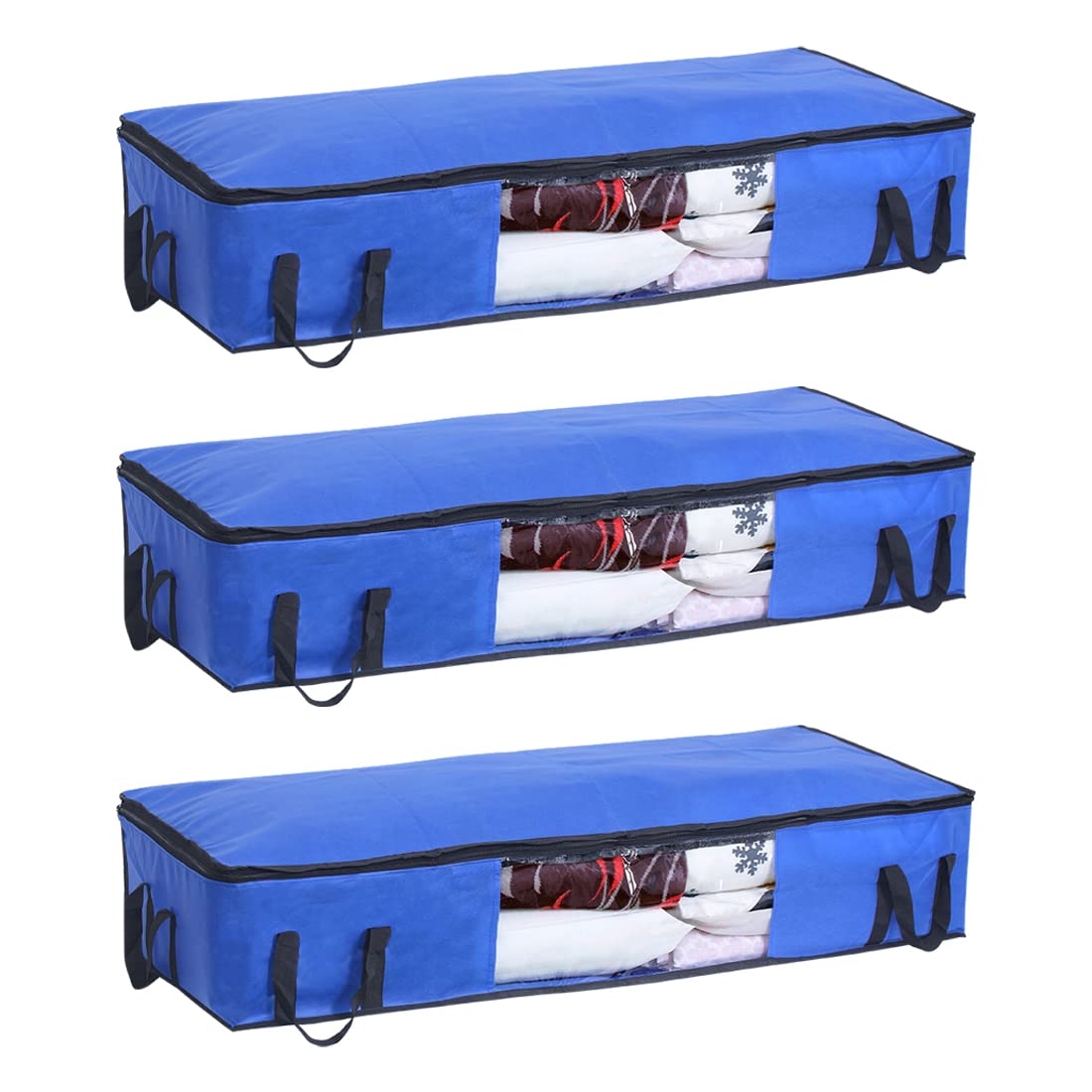 Pretty Krafts Pack of 3 Non Woven Moisture Proof Underbed Cloth Storage Organizer with Zipper Lock & Handles | Wardrobe Organizer for Cloth Saree Quilt Blanket Toy Storage Bag (98x40x19cm, Blue)-image-28