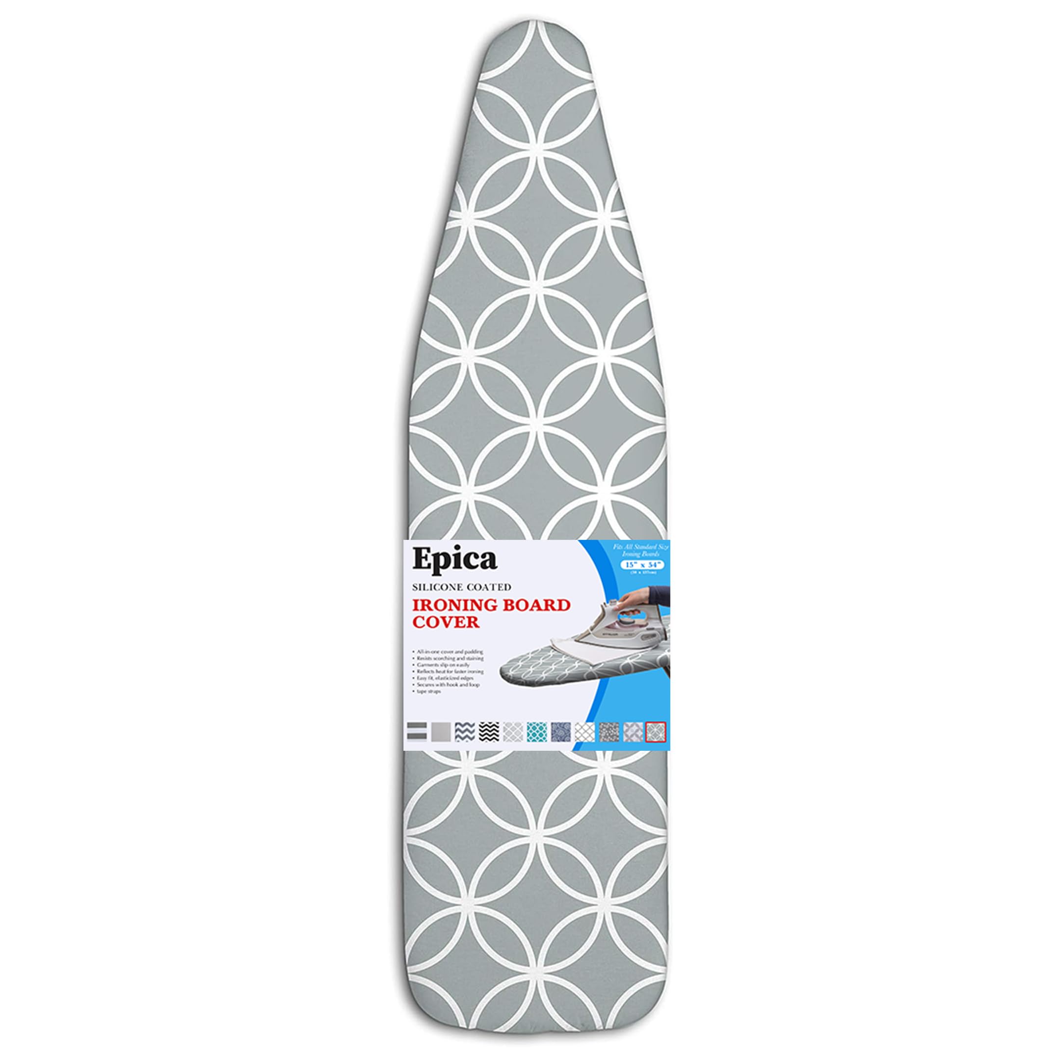 Epica Ironing Board Cover and Pad - Standard Size 15x54 Padded Ironing Board Covers, Heat Reflective Coating, Scorch & Stain Resistant Iron Board Cover with Padding Grey Circles