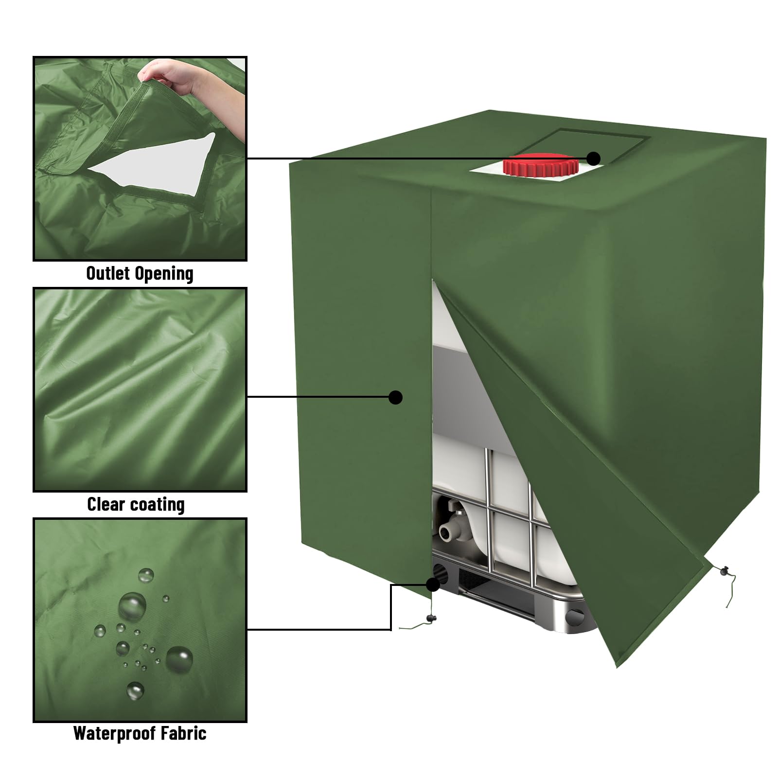 Pokrywa na zbiornik IBC 1000L – Wodoodporna osłona UV do zbiornika wodnego i kontenera IBC 420D – Plandeka z zamkiem błyskawicznym 120x100x116 cm (Zielony)