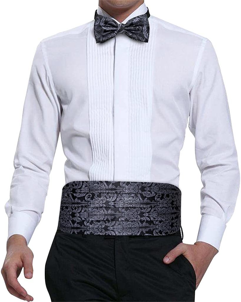 Silk Tuxedo Men's Cummerbund Bow Tie Pocket Square Set Black Formal Wide Elastic Belt For Men Wedding Party