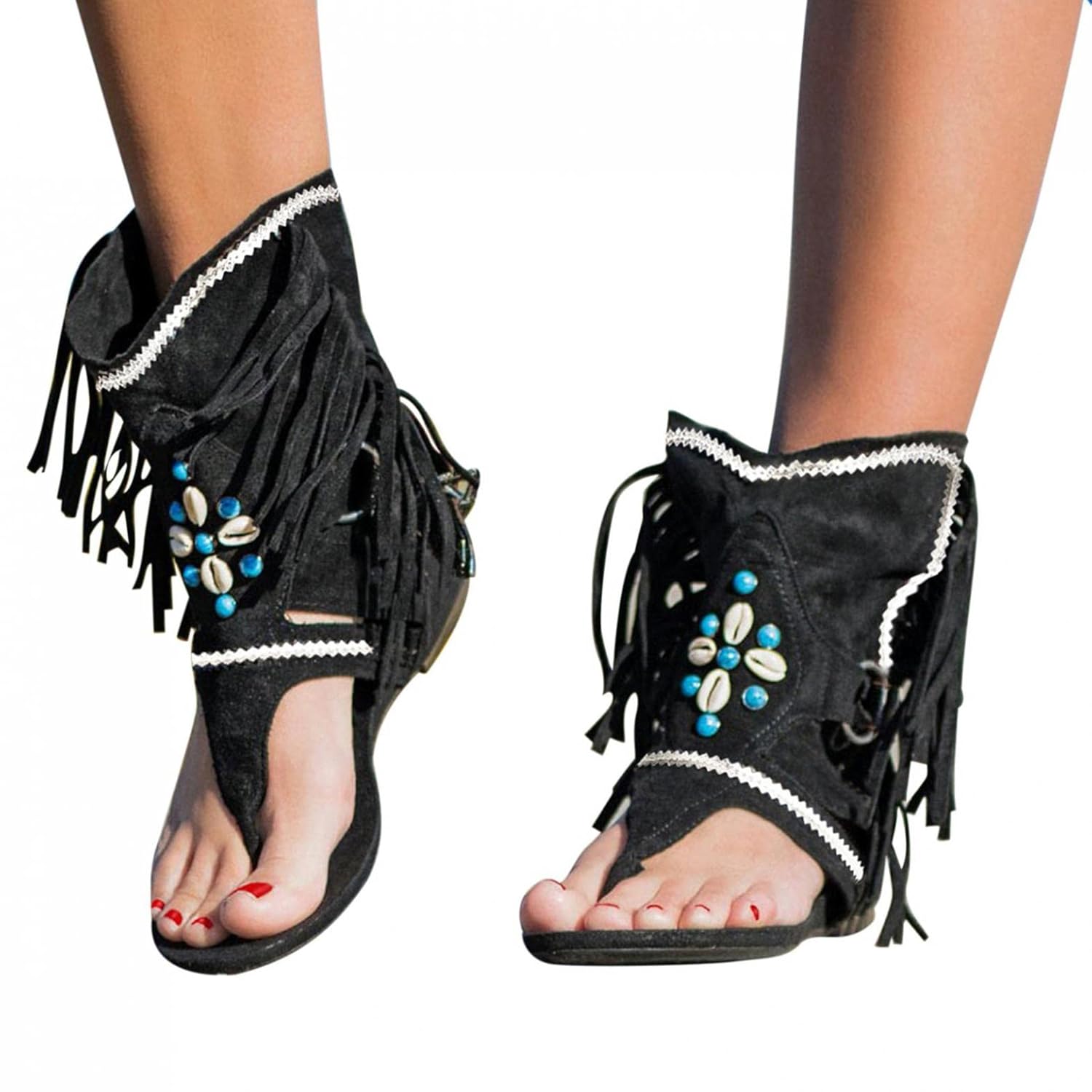 Hbeylia Roman Sandals for Women Casual Fringe Tassel Flat Clip Toe Retro Bohemian Summer Suede Tassel Flip Flop
