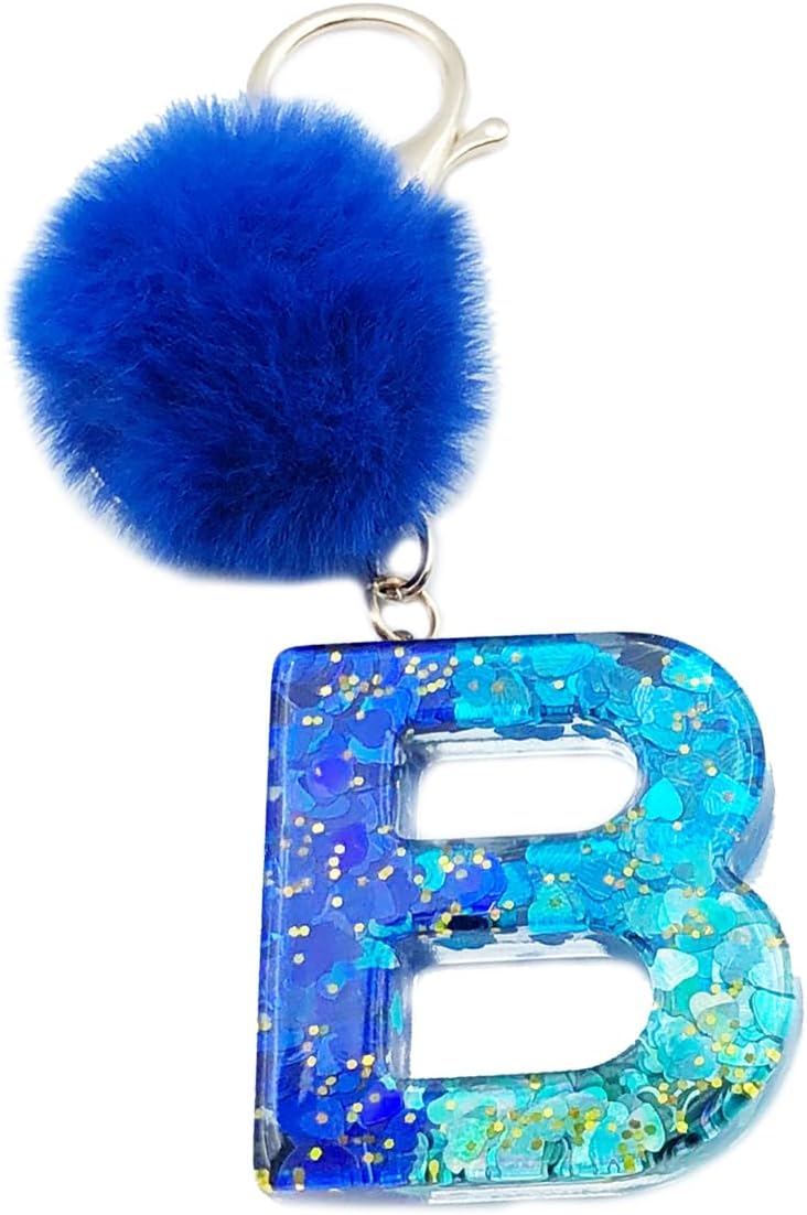 Unpafcxddyig Initial Letter Resin Alphabet Key Rings with Fur Ball Pom pom keychains Royal blue for Purse Handbags Women image 5