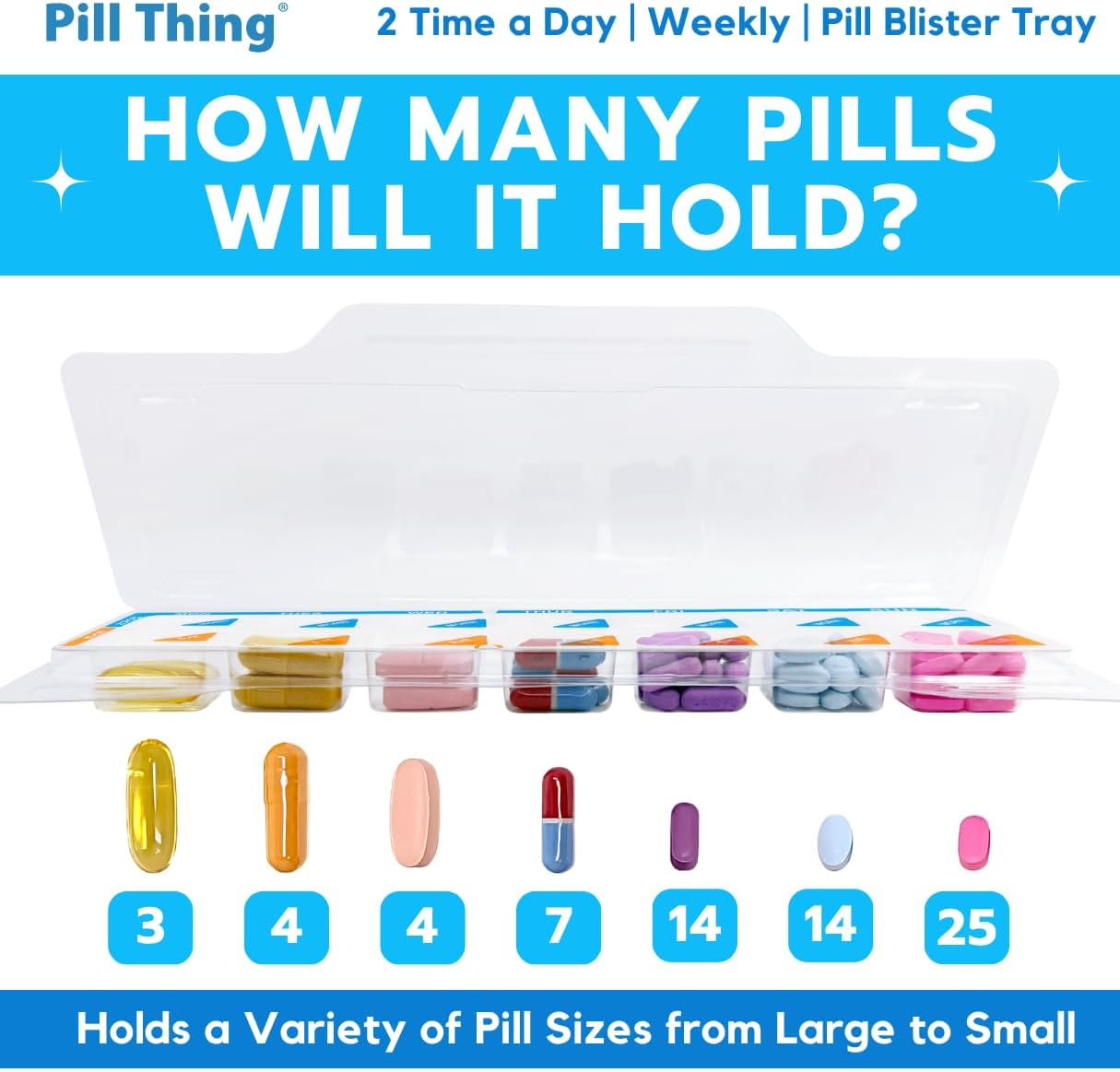 Weekly 2X 4X a Day Medication Pharmacy Pill Blister Case Trays Pack with Self Adhesive Seal Label (2X a Day Weekly, 5 Pack)
