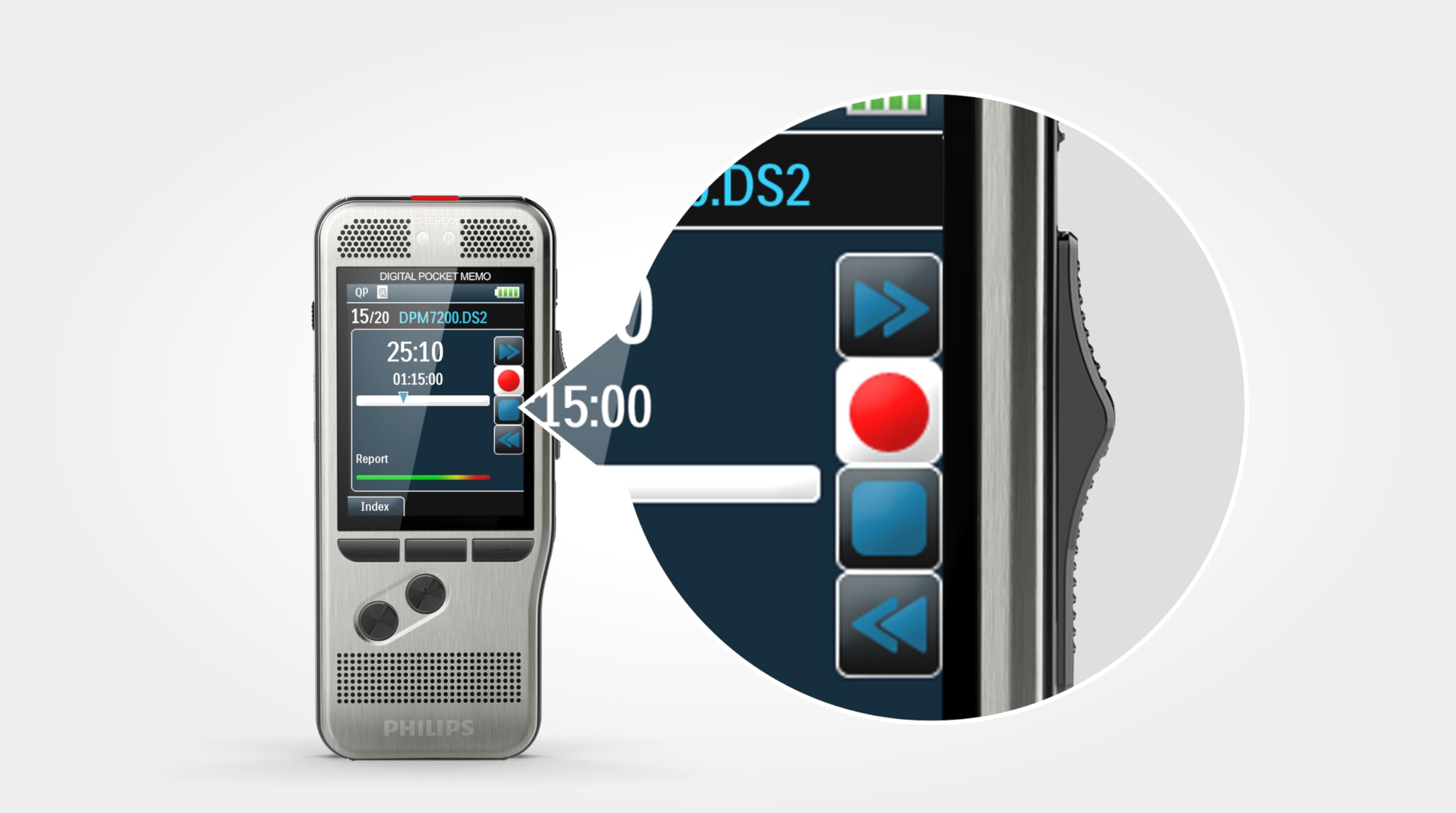 Philips Pocket Memo Digitales Diktiergerät DPM7200 Schiebeschalter-Bedienung, 2 Mikrofone für Stereo-Tonaufnahmen, Farbdisplay, Edelstahlgehäuse, inkl. Diktiersoftware SpeechExec Basic 2-Jahres-ABO