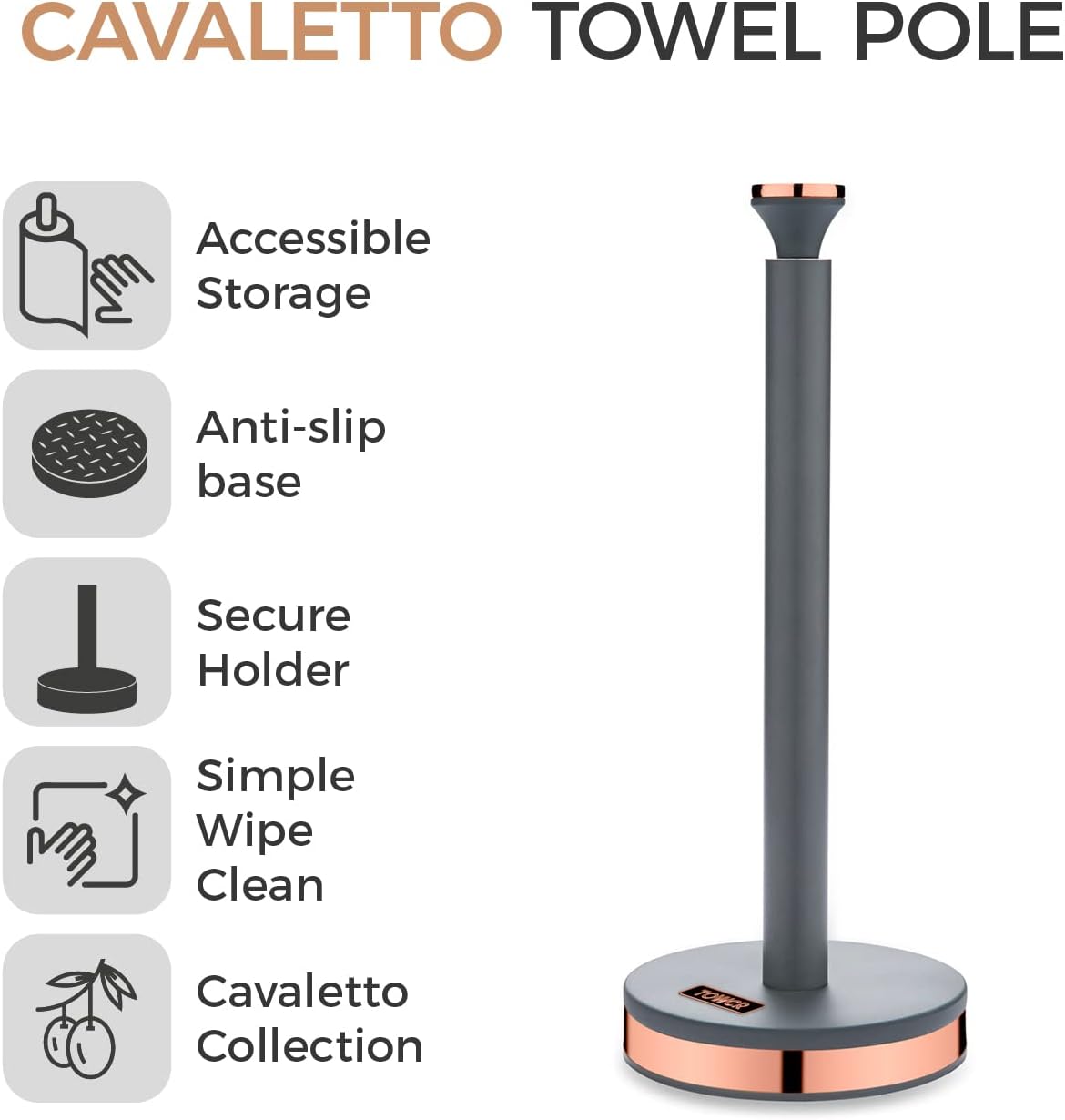 Tower T826133GRY Cavaletto Towel Pole Kitchen Roll Holder with Soft Underliner, Grey and Rose Gold