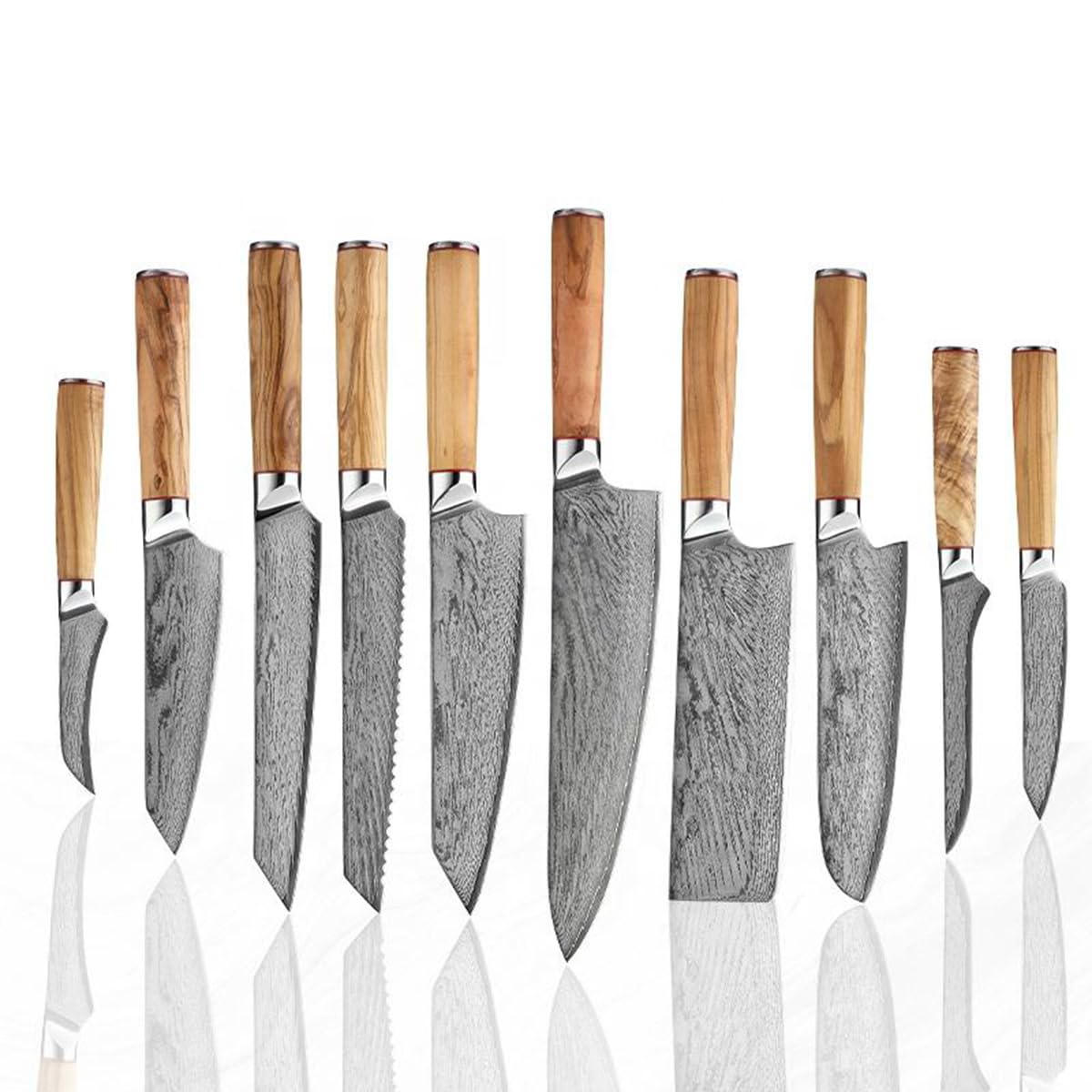 Knife Block Set 10 Piece Knife Set Damascus Chef Knife AUS-10V Steel Core 67-ply blade Ergonomic Olive Wood