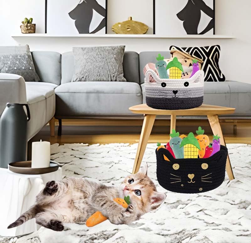 Image of Woven Rope Storage Basket, Cute Cat Toy Basket for Living Room, Baby Basket for Nursery, Gift Basket Empty for Baby Shower 8.3 x 4.7 inches,Black