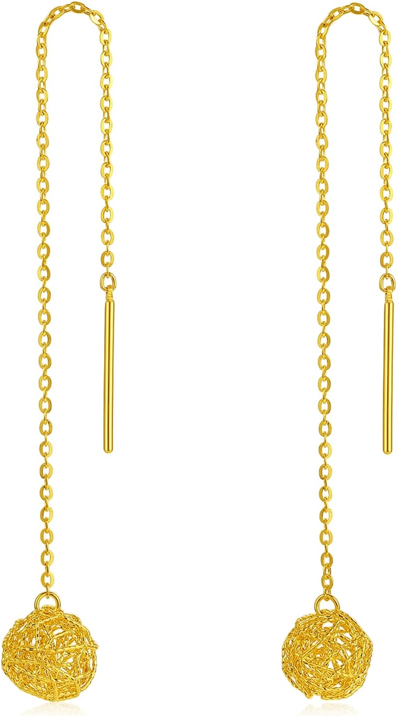 24K Gold Dangle Earrings for Women Ball Drop Chain Hypoallergenic Threader Earring Lightweight Jewelry Hollow Statement Long Tassel Dainty Post Trendy Small Pull Through Fashion Round Real Gold Gift