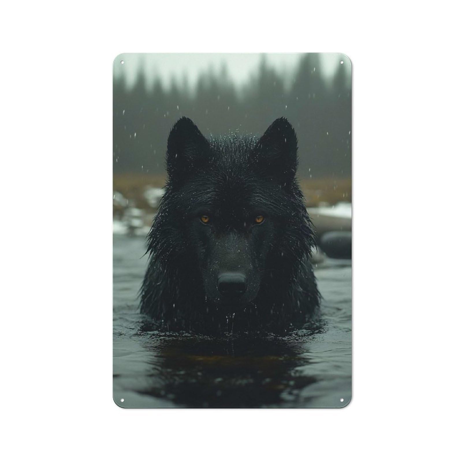 Junmoney Style-7 Loft Style Metal Wall Art Sign 30X20cm Featuring Black Wolf In Water, Urban Room Decor For Loft, Studio, Office Or Creative Room