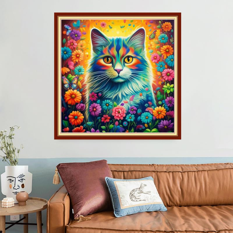 Image of Joyhoor Stamped Cross Stitch Kits for Beginners, Needlepoint Kits for Adults, 11CT Counted Embroidery Kits-Cat Flowers 18x18 inchs