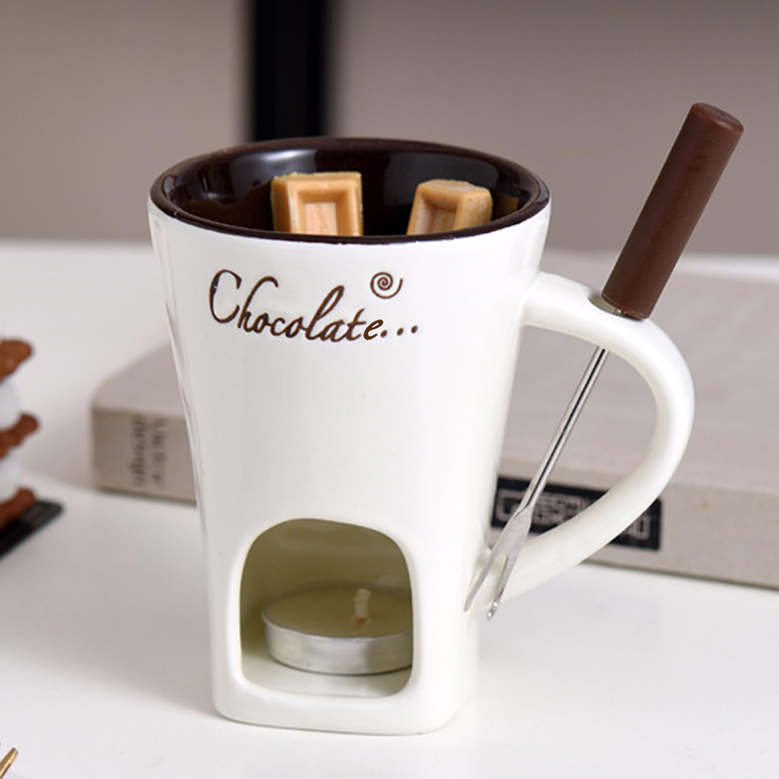 Generisch Taza de fondue de chocolate, 200 ml, taza de fondue de chocolate, juego de vasos de fondue de chocolate, juego de fondue de chocolate multiusos con tenedor y vela, vela de té para queso