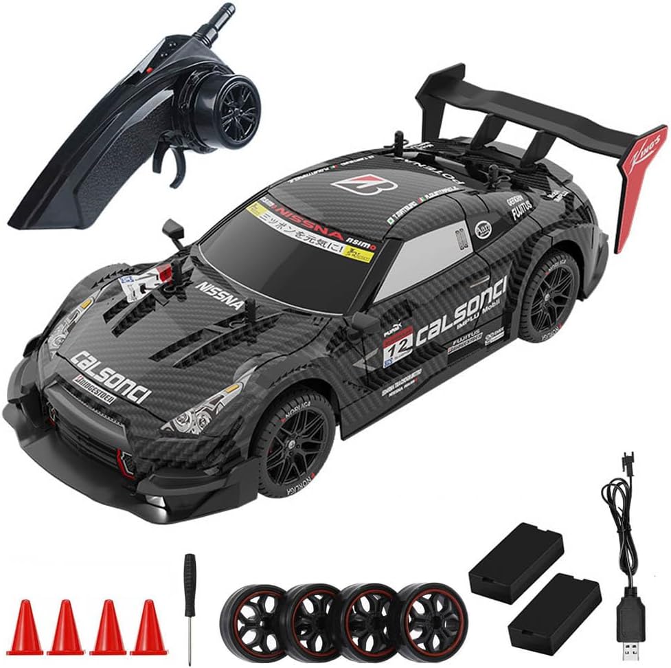 RC Drift Car, 1:14 Scale 4WD 40KM/H High Speed RC Racing Car with LED Lights, 2 Batteries, Drifting and Racing Tires for Adults, Black