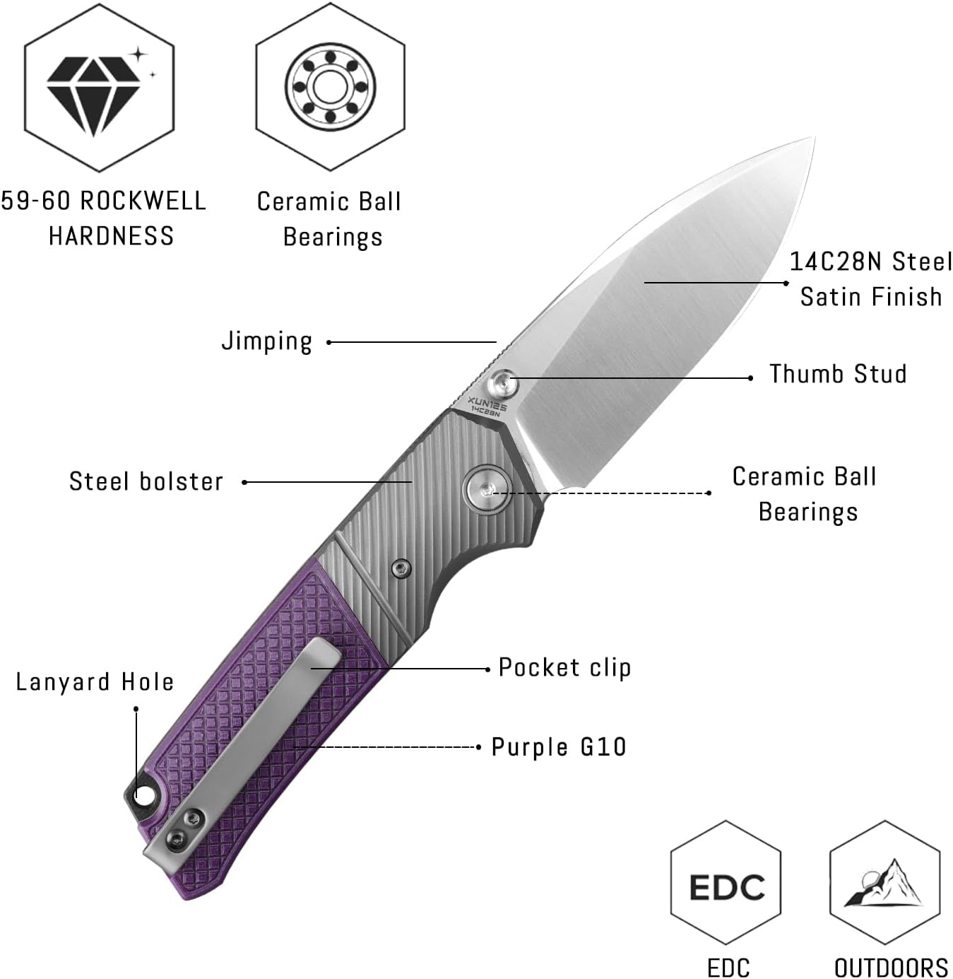 XUN125-PGS, Pocket Folding Knife for Man, 3.27" 14C28N Steel Satin Blade for Camping & Fishing，Reversible Clip